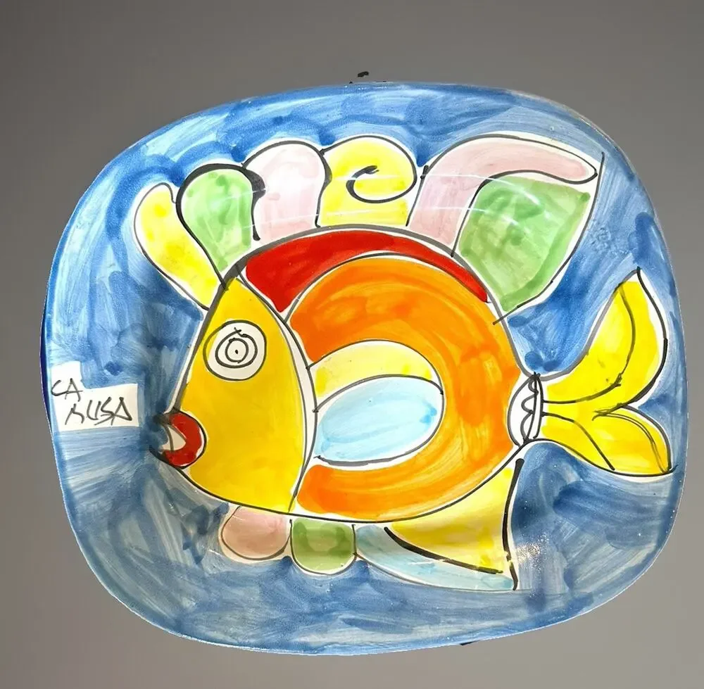 La Musa Fish Plate Italian Handmade Wall Plaque Mid Century Multicolor 10” Wide